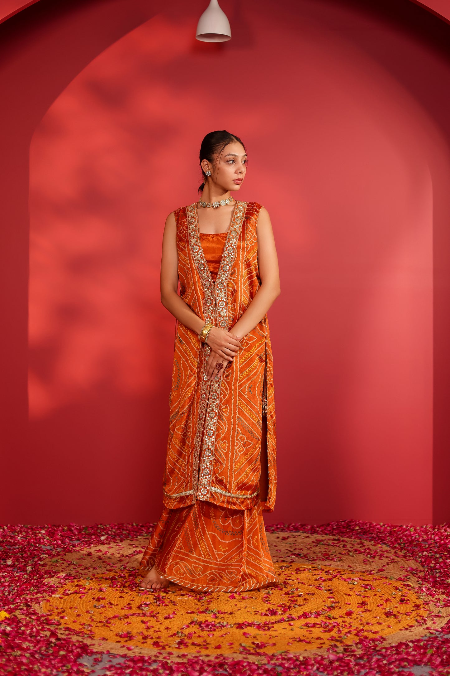 Cinaya Handcrafted bandhani silk tabard jacket set