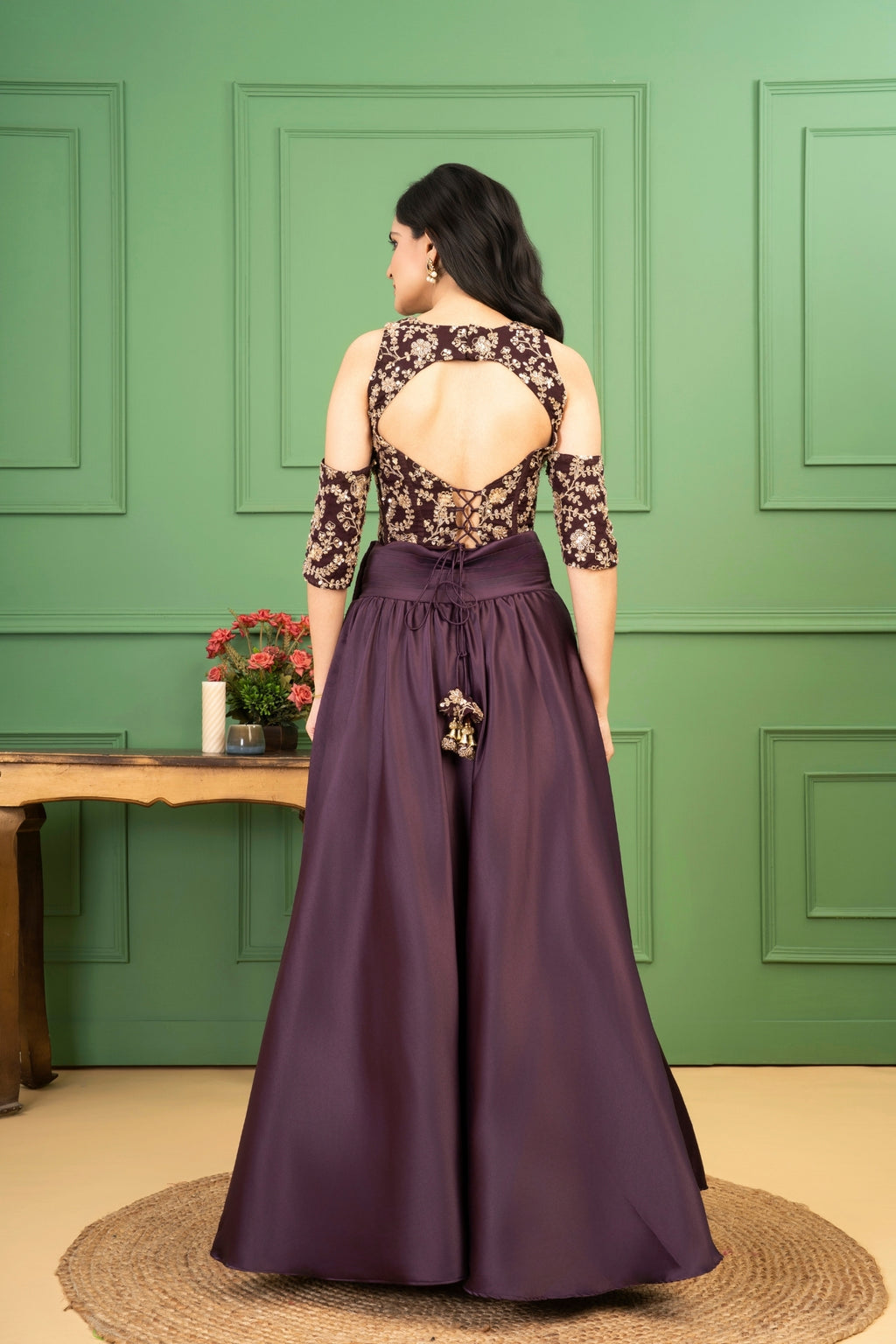 Wine Satin Organza Silk Corset Set