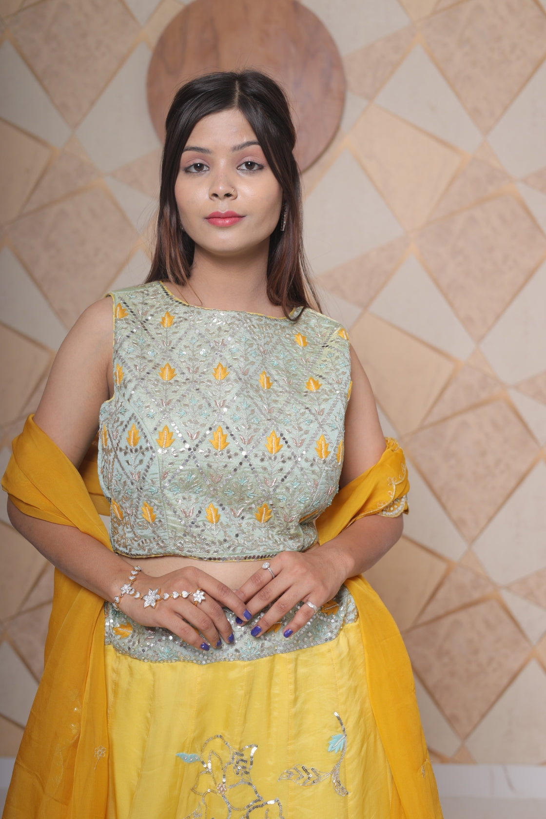 Mustard Organza Silk Lehenga Set