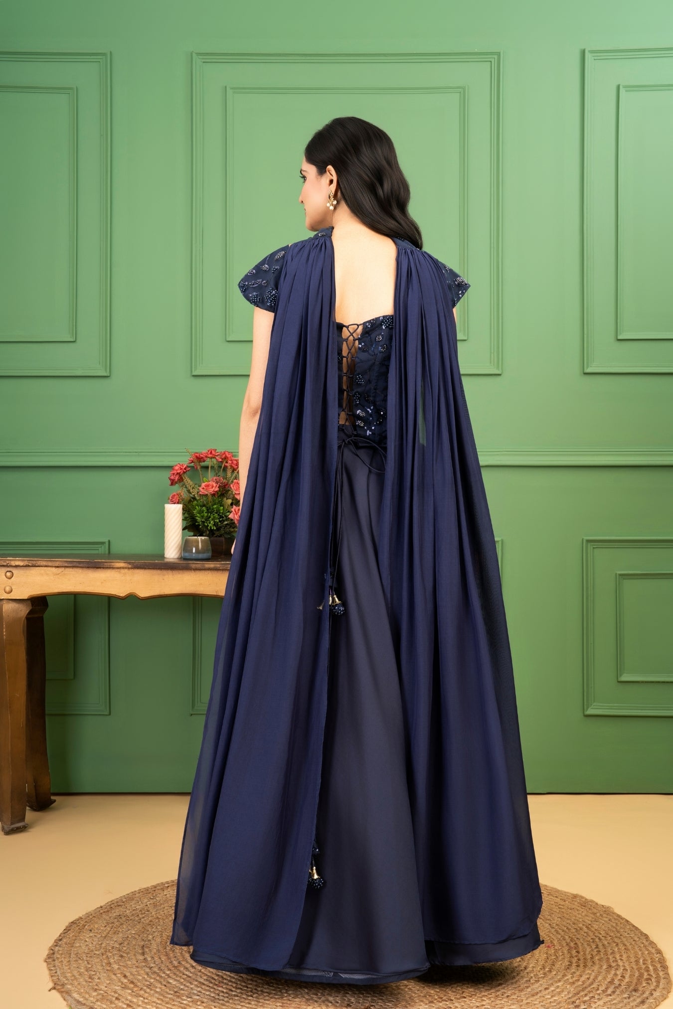 Blue Satin Organza Silk Corset Set