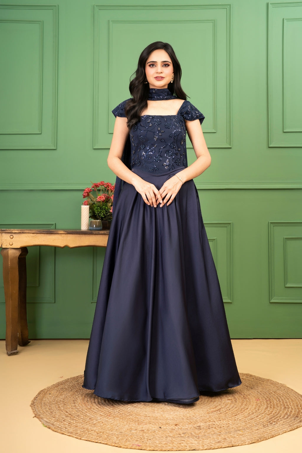 Blue Satin Organza Silk Corset Set