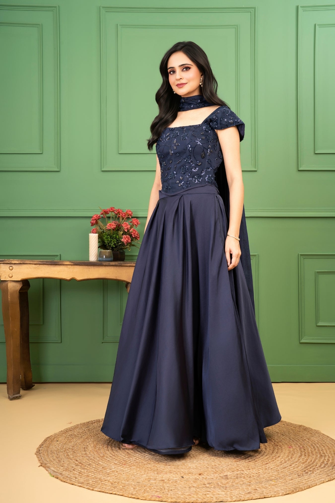 Blue Satin Organza Silk Corset Set