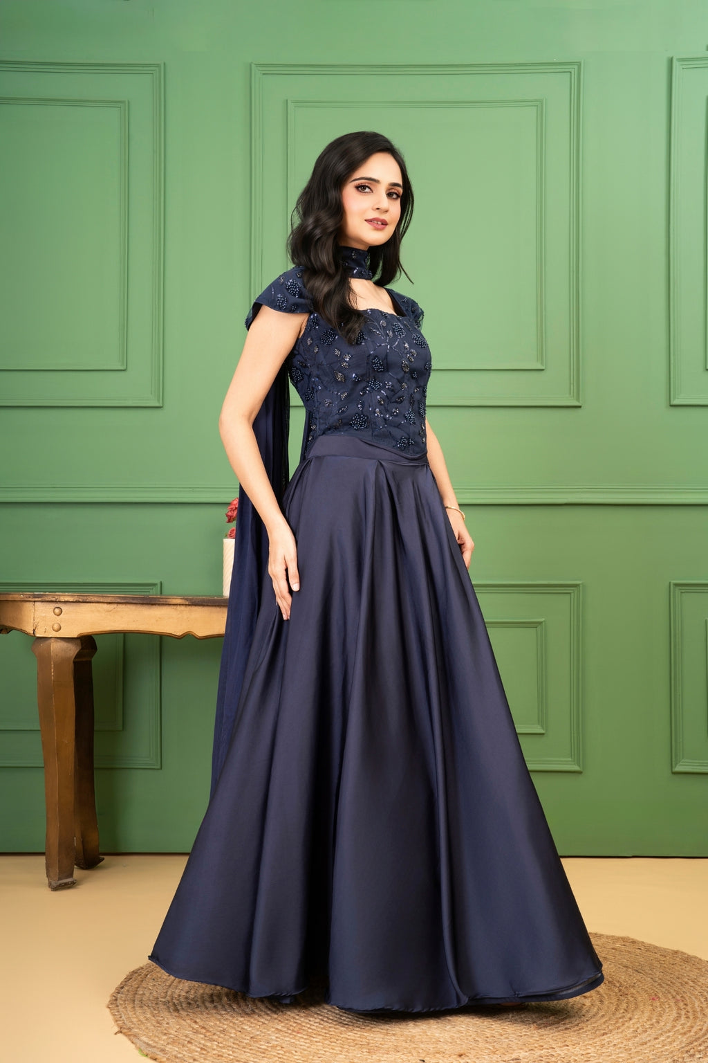 Blue Satin Organza Silk Corset Set