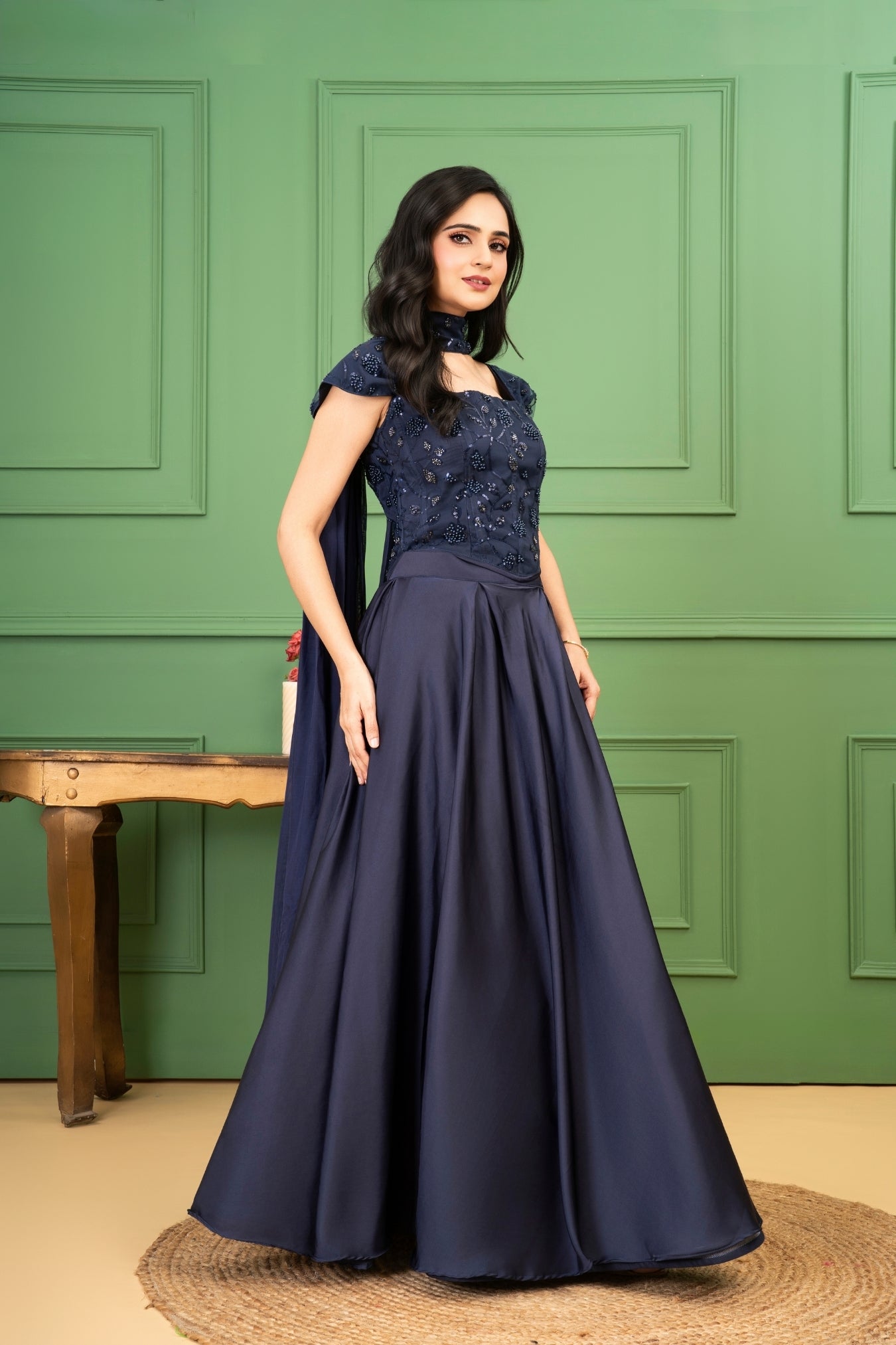 Blue Satin Organza Silk Corset Set