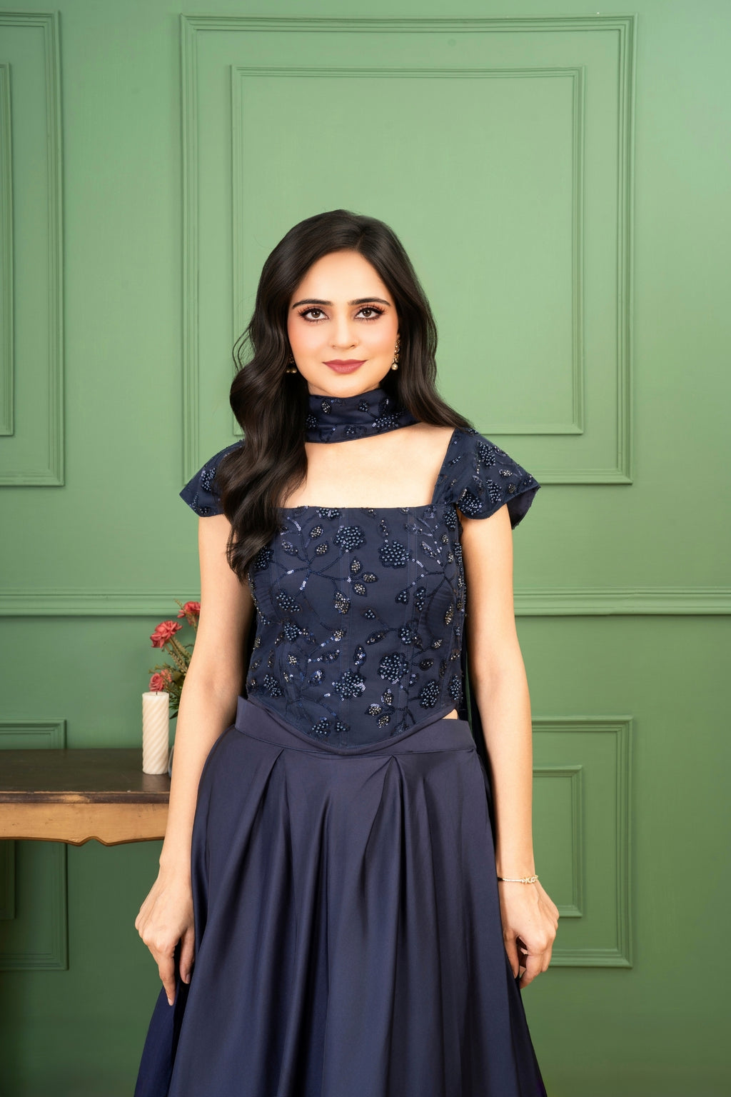 Blue Satin Organza Silk Corset Set