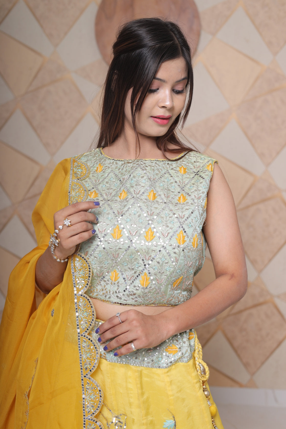 Mustard Organza Silk Lehenga Set