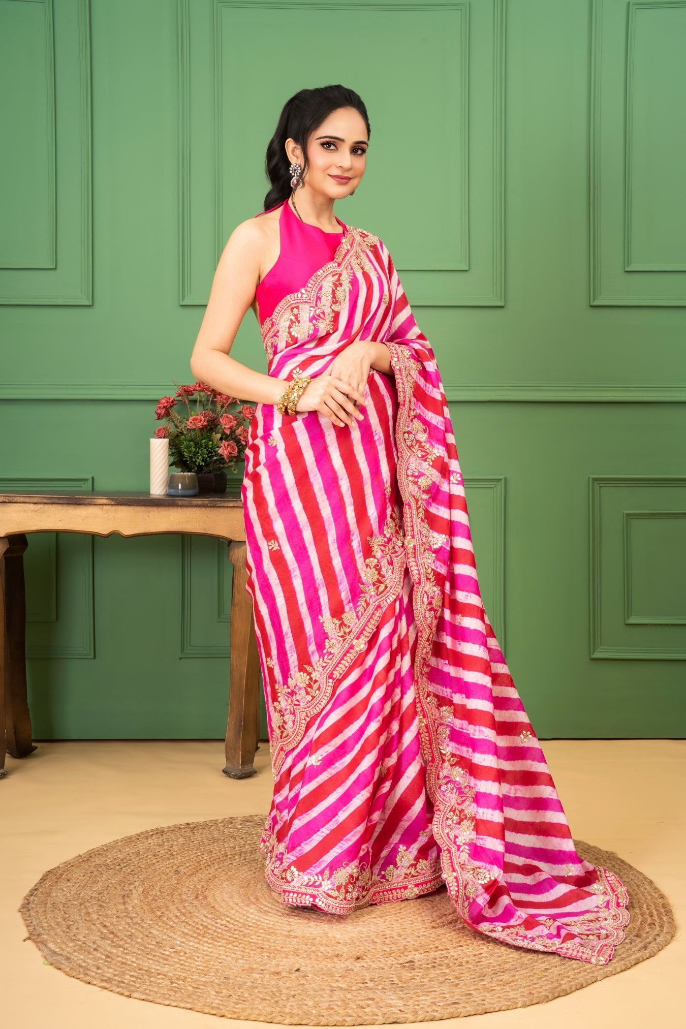 Pink Tussar Lehriya Saree