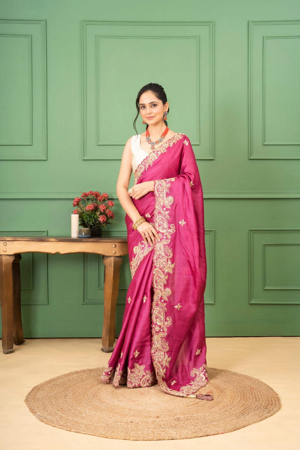 Wine Tussar Silk Saree