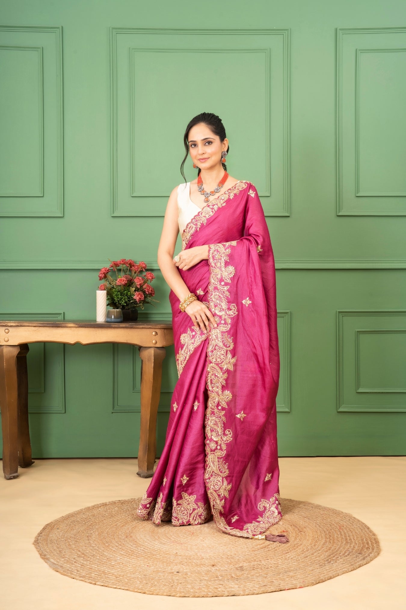 Wine Tussar Silk Saree