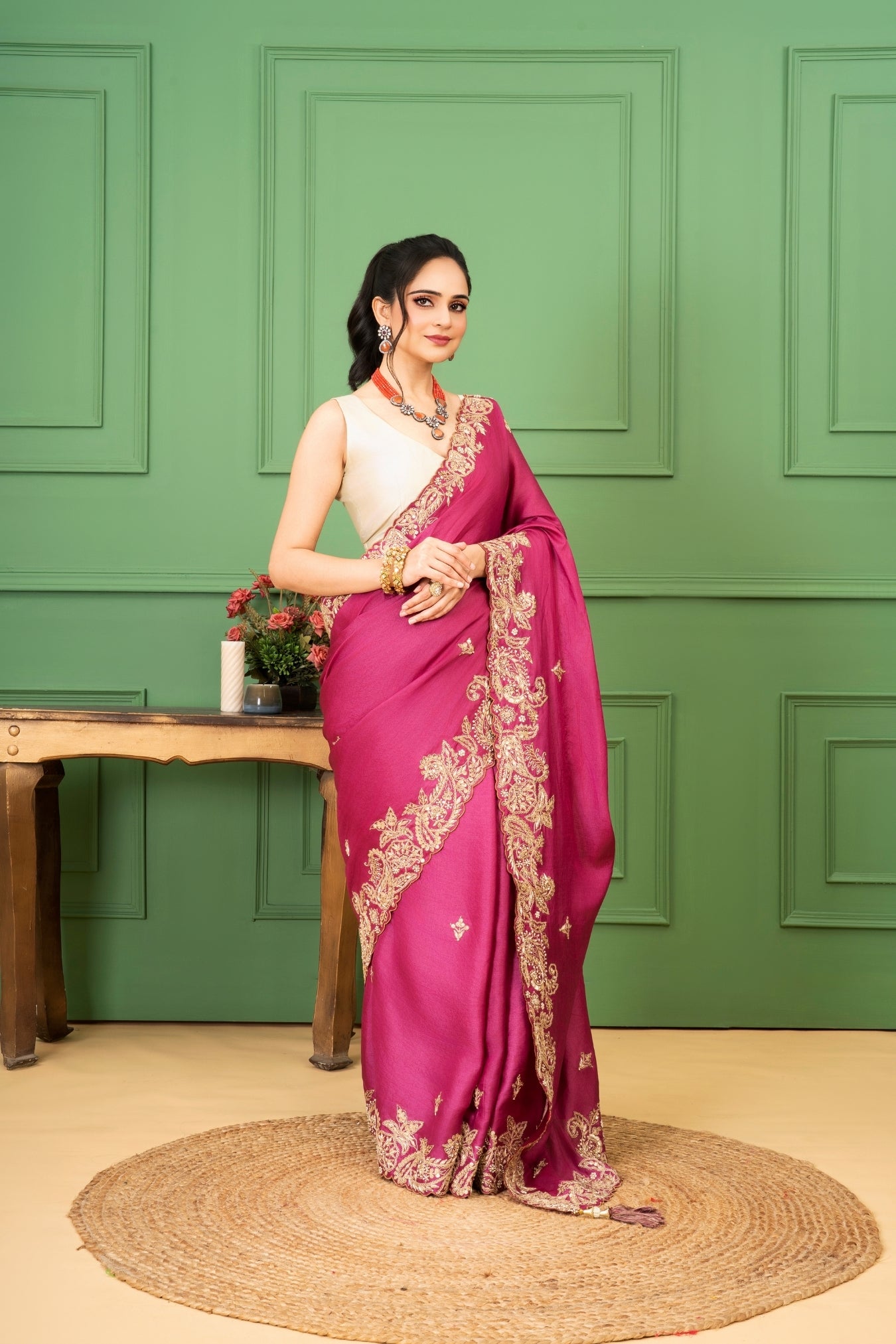 Wine Tussar Silk Saree