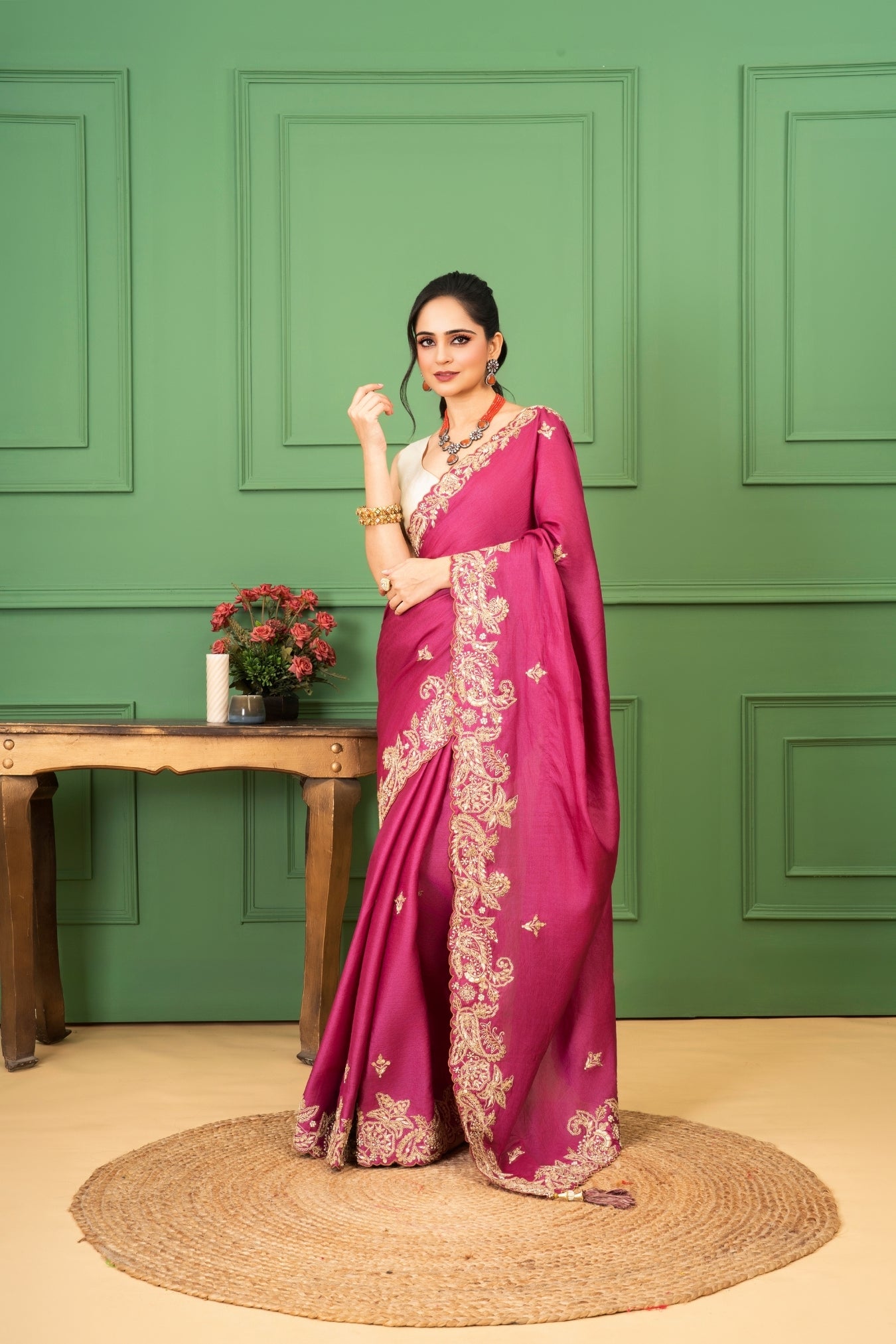 Wine Tussar Silk Saree