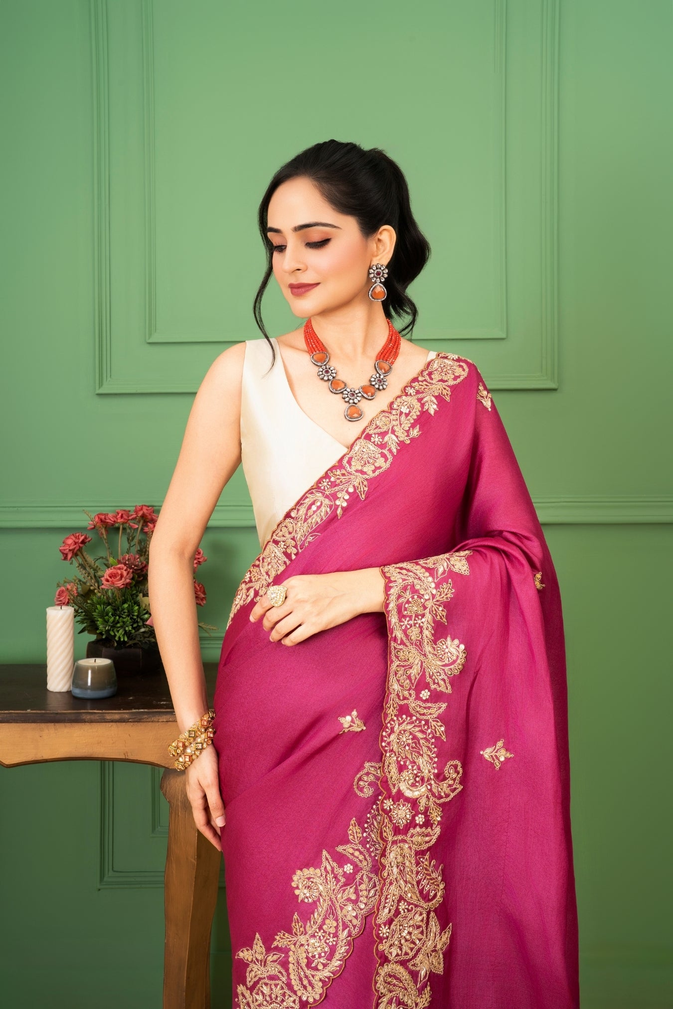 Wine Tussar Silk Saree