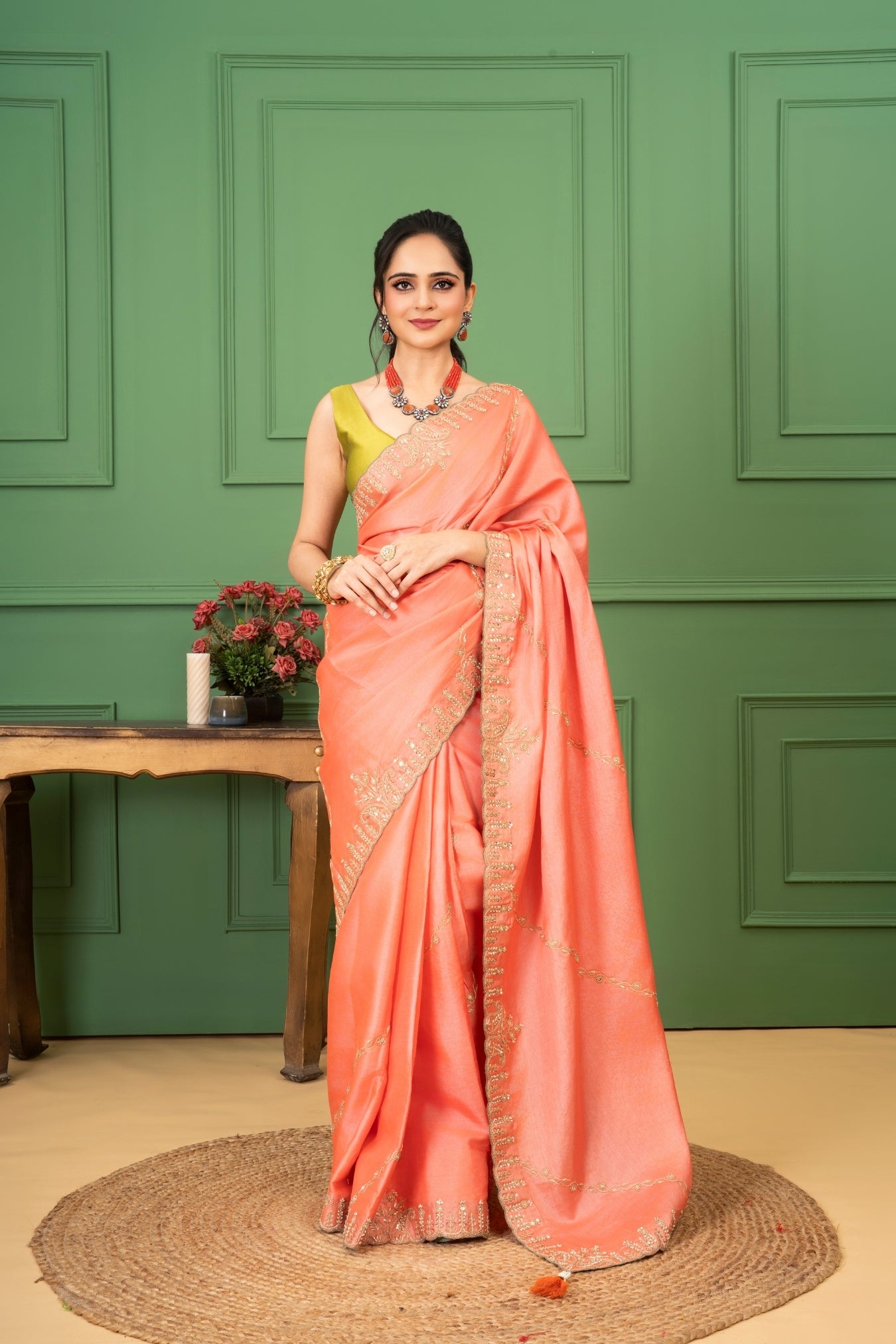 Orange Tussar Silk Saree