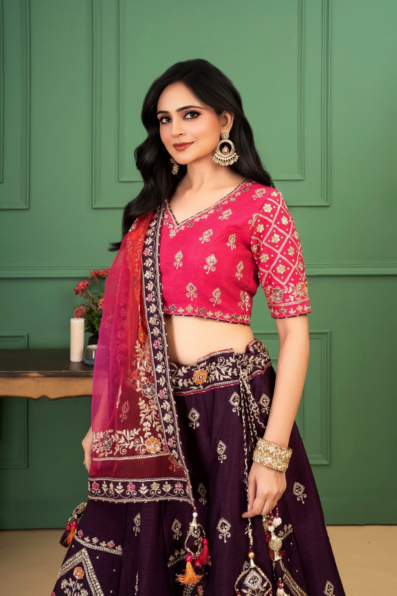 Wine Rawsilk Lehenga Set with Shaded Organza Dupatta