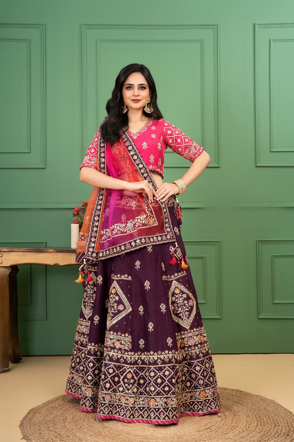 Wine Rawsilk Lehenga Set with Shaded Organza Dupatta
