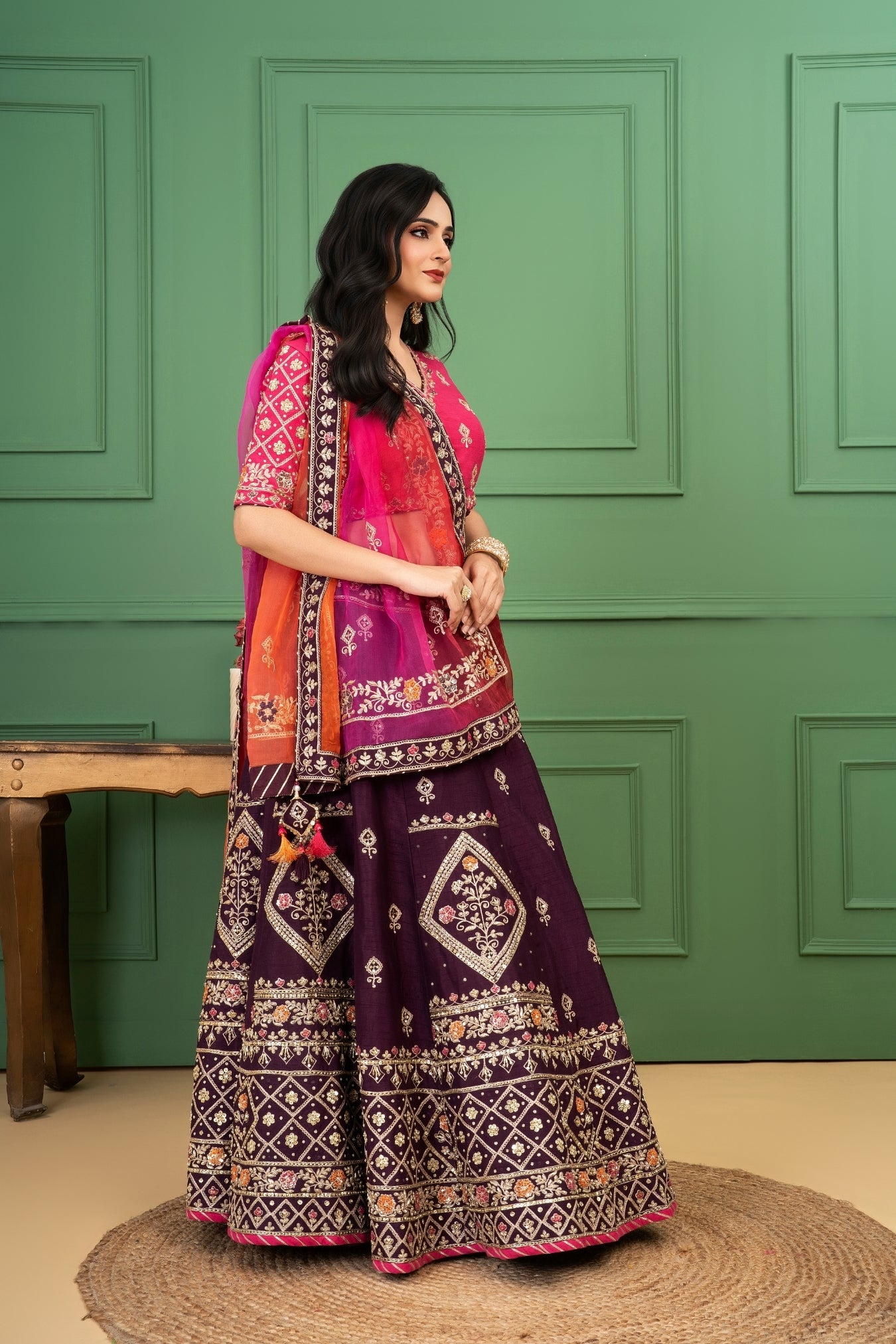 Wine Rawsilk Lehenga Set with Shaded Organza Dupatta