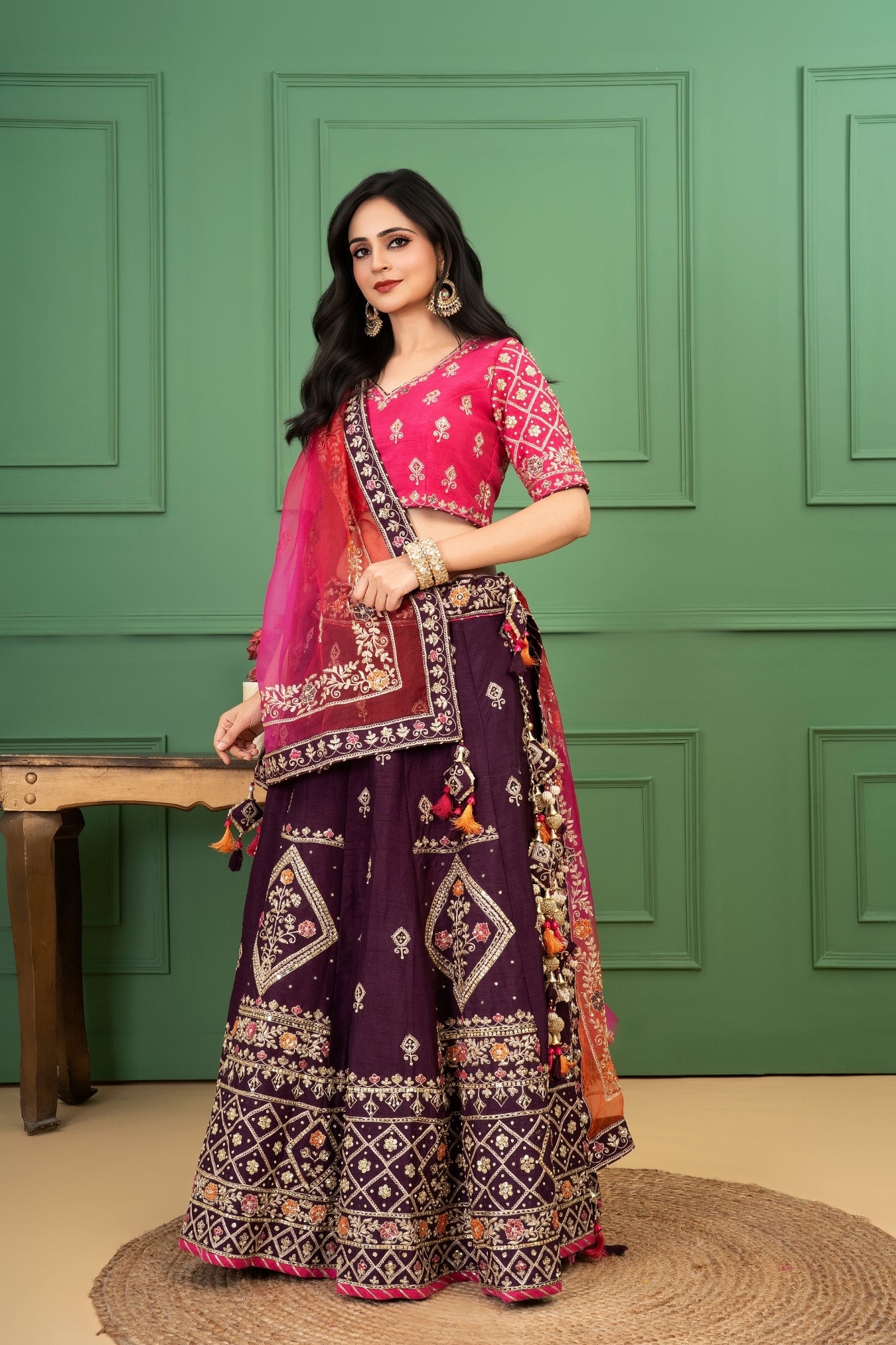 Wine Rawsilk Lehenga Set with Shaded Organza Dupatta