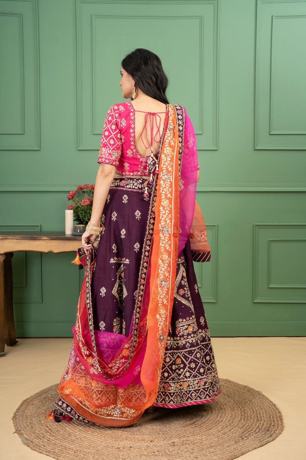 Wine Rawsilk Lehenga Set with Shaded Organza Dupatta