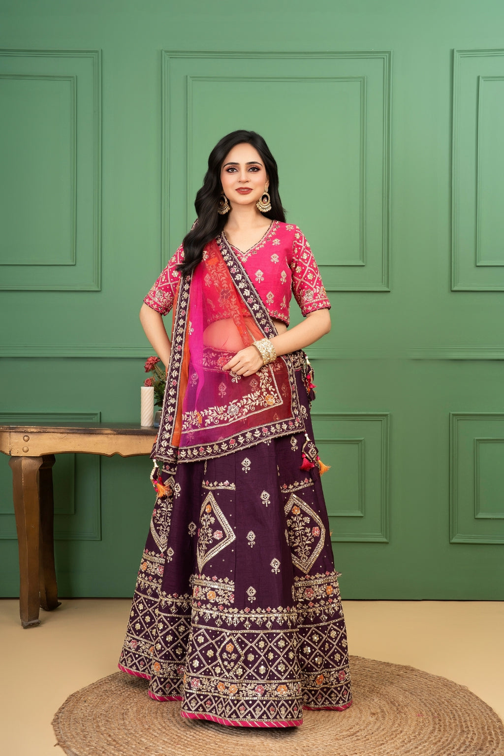 Wine Rawsilk Lehenga Set with Shaded Organza Dupatta