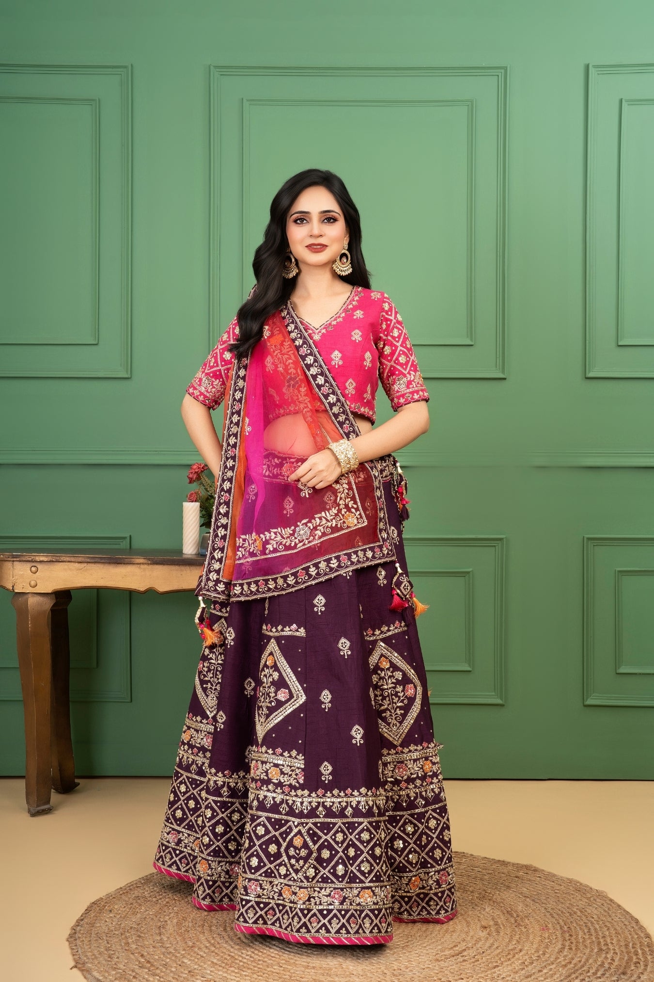 Wine Rawsilk Lehenga Set with Shaded Organza Dupatta