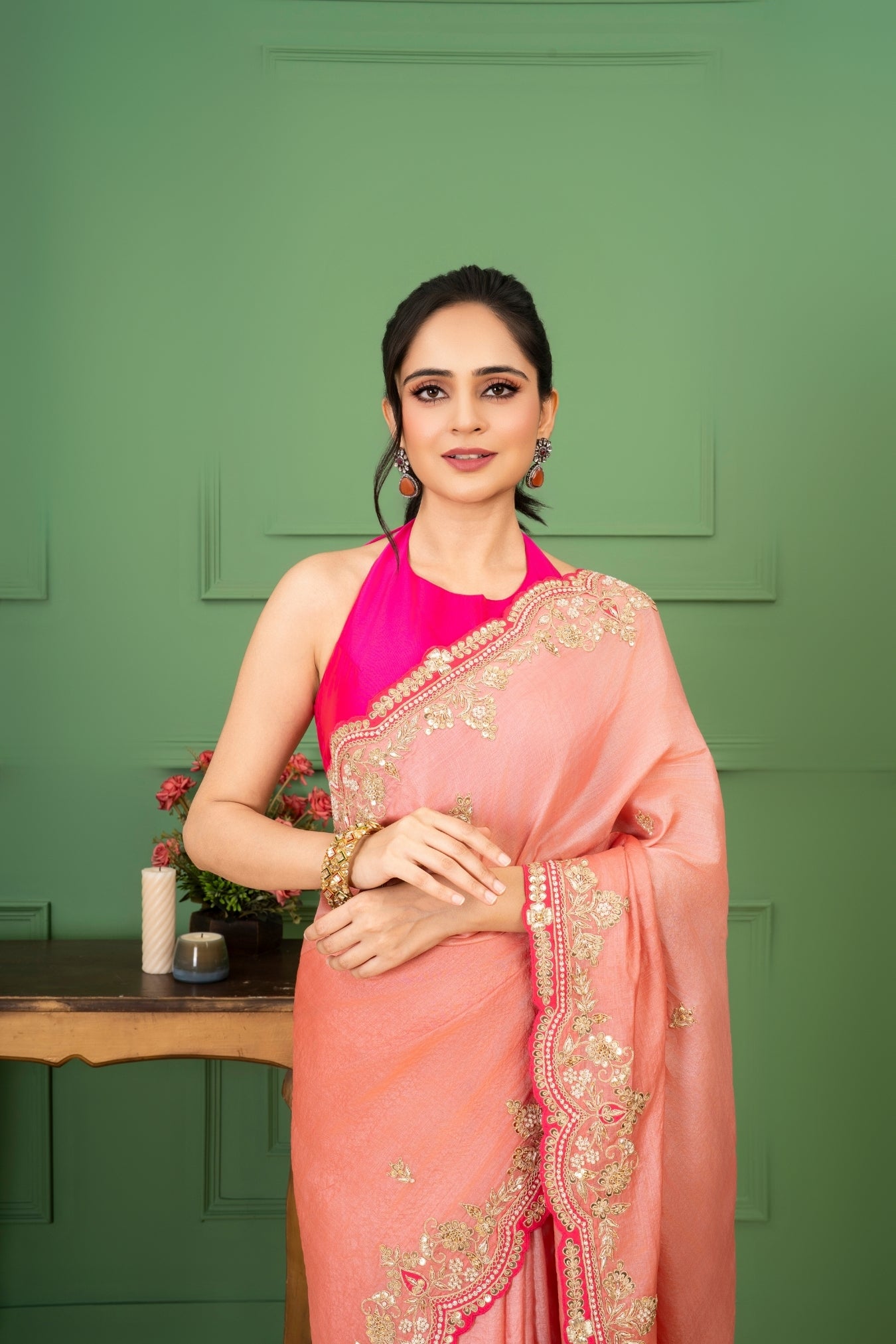 Onion Pink Tussar Silk Saree