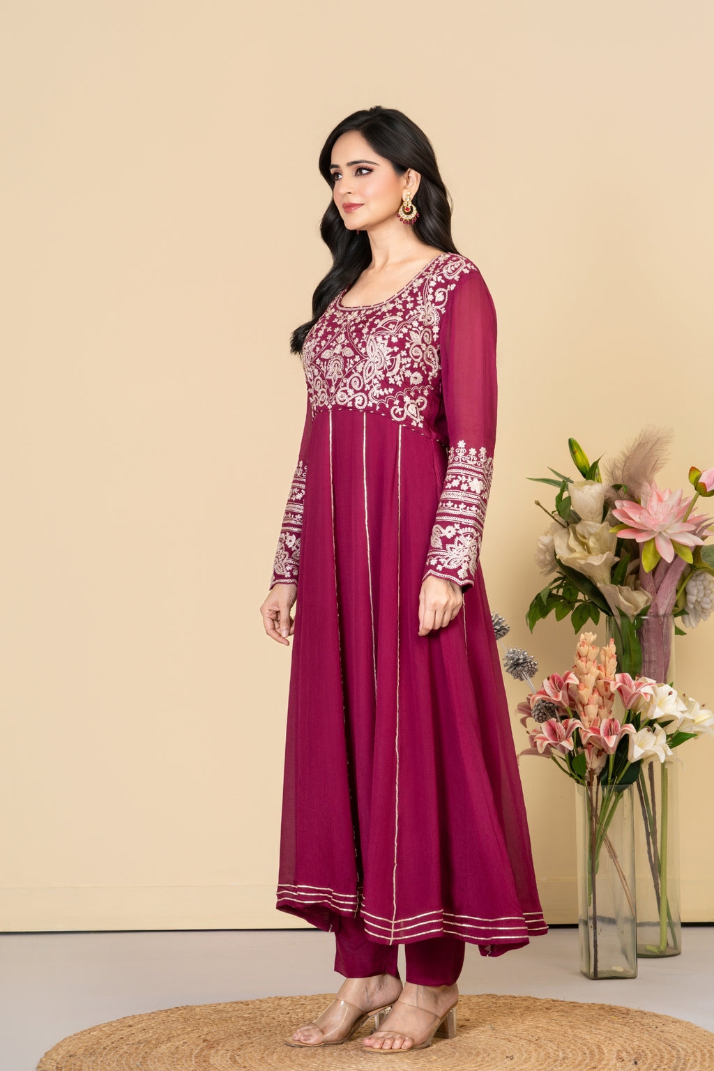 Wine Chinnon Silk Anarkali Suit
