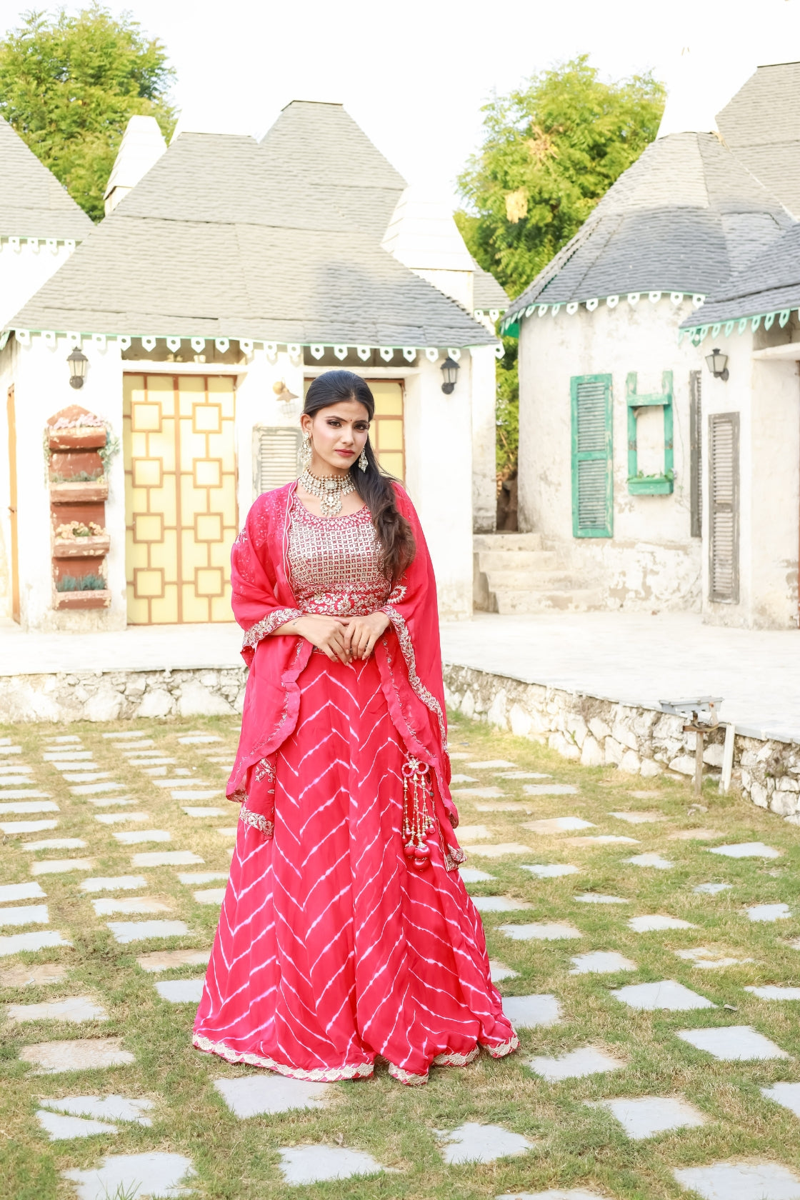 Lavanya Pink Pure Organza Silk Leheriya Lehenga Set