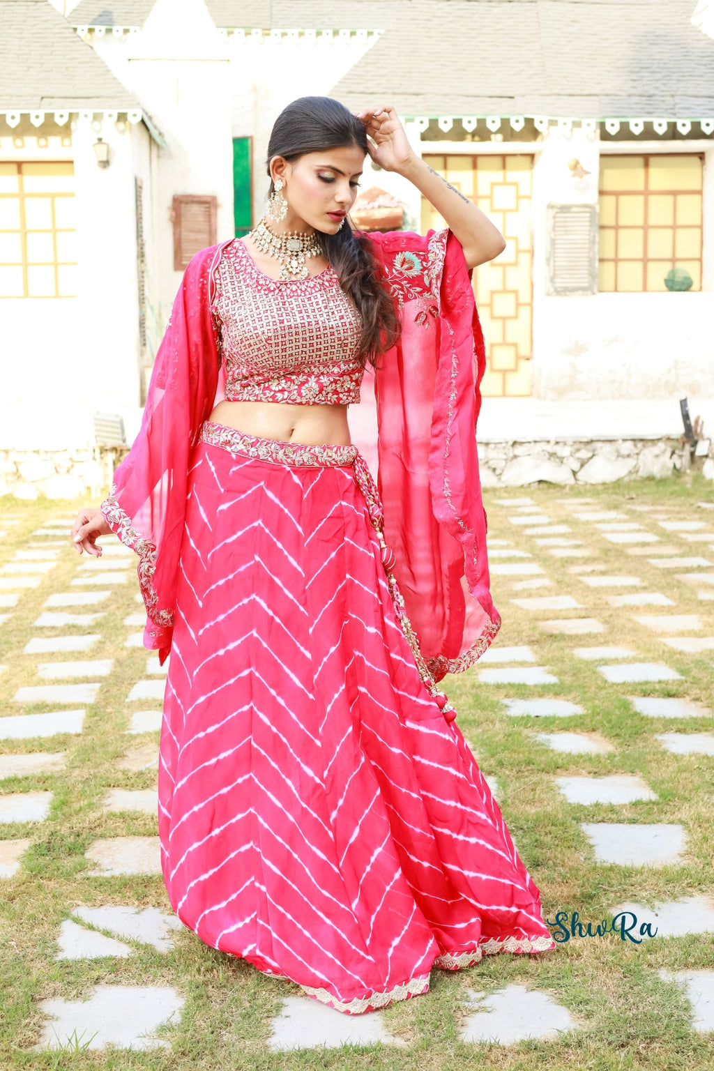 Lavanya Pink Pure Organza Silk Leheriya Lehenga Set