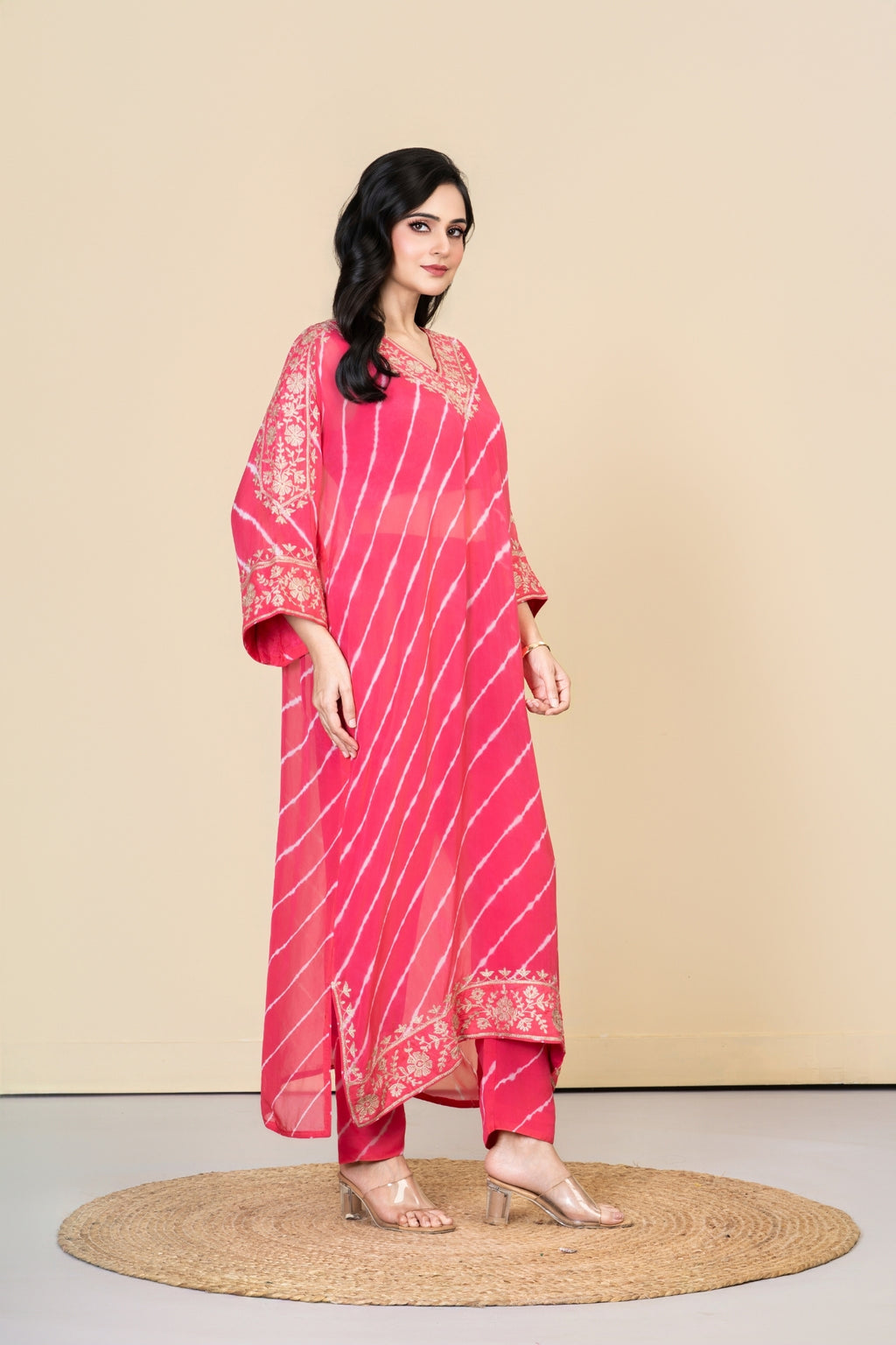 Pink Organza Lehriya Kaftan Set
