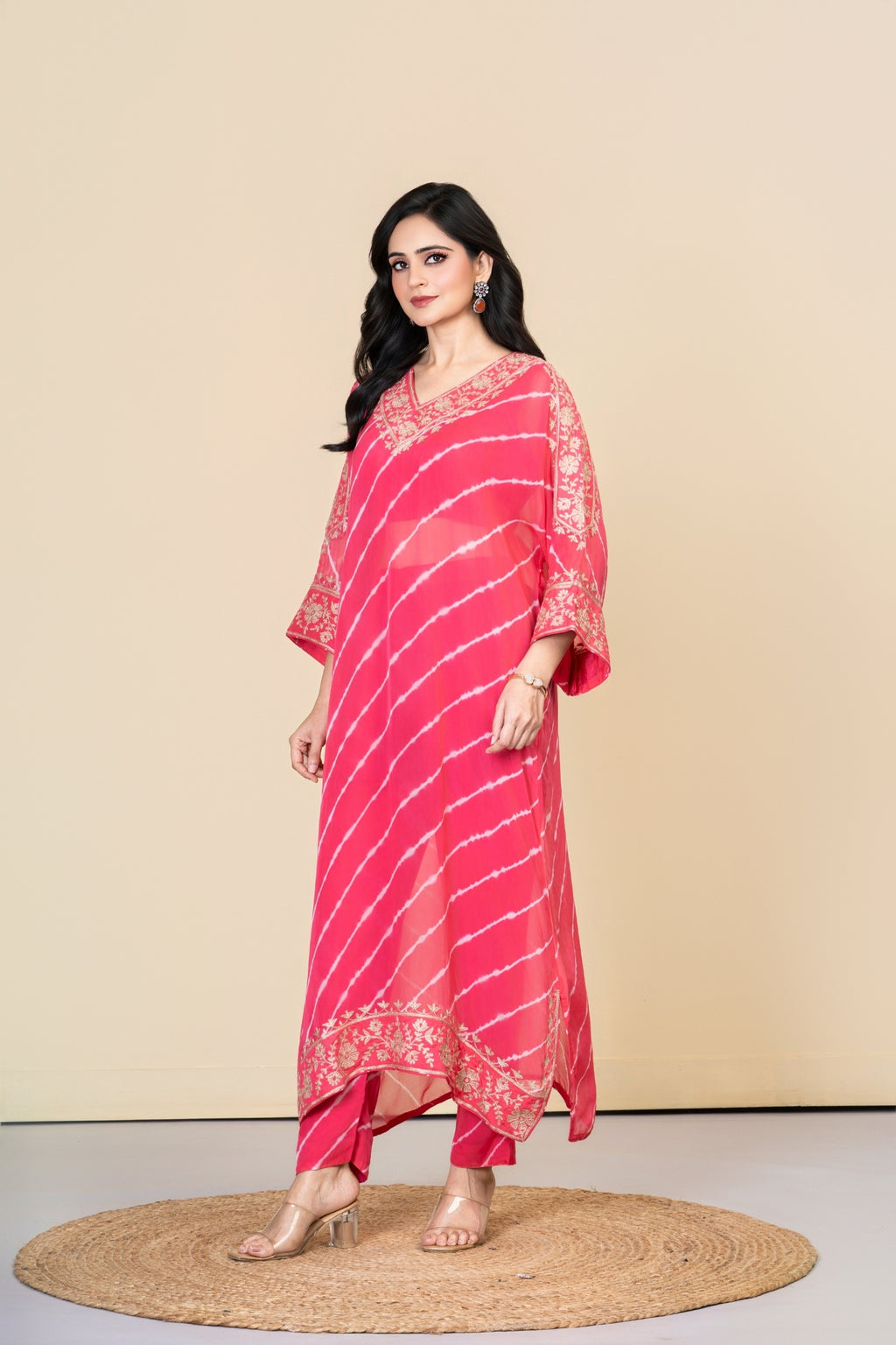 Pink Organza Lehriya Kaftan Set