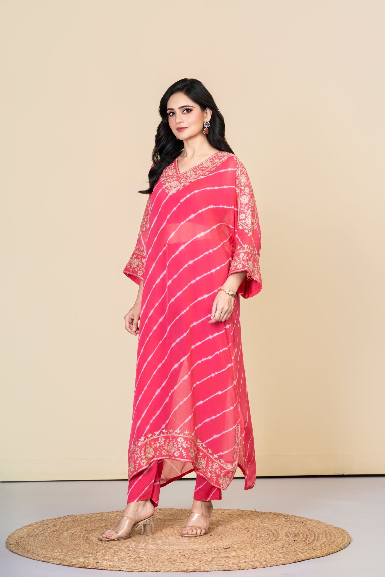 Pink Organza Lehriya Kaftan Set