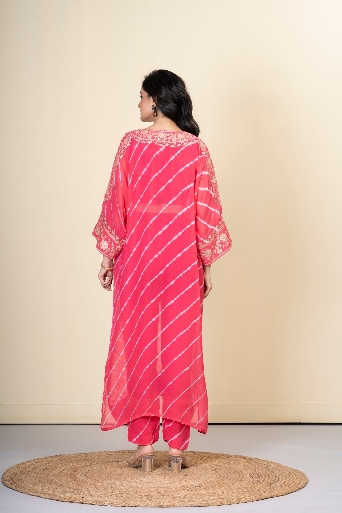 Pink Organza Lehriya Kaftan Set
