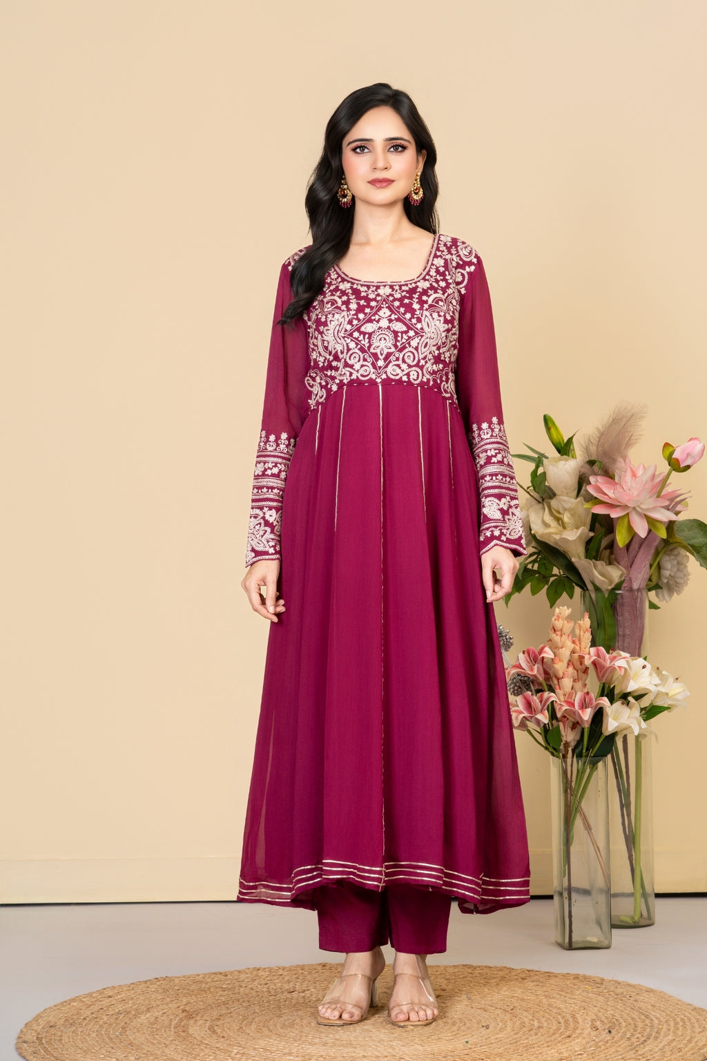 Wine Chinnon Silk Anarkali Suit
