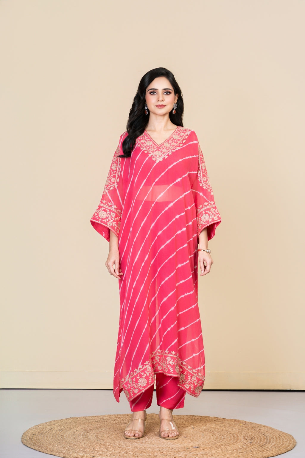 Pink Organza Lehriya Kaftan Set