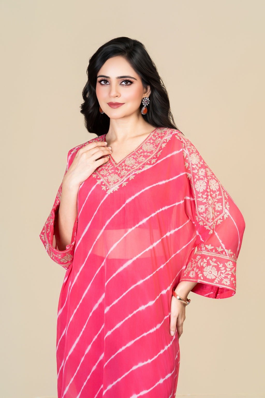 Pink Organza Lehriya Kaftan Set