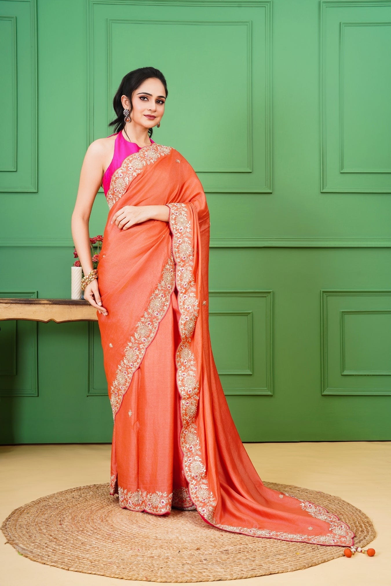 Tangerine Tussar Silk Saree