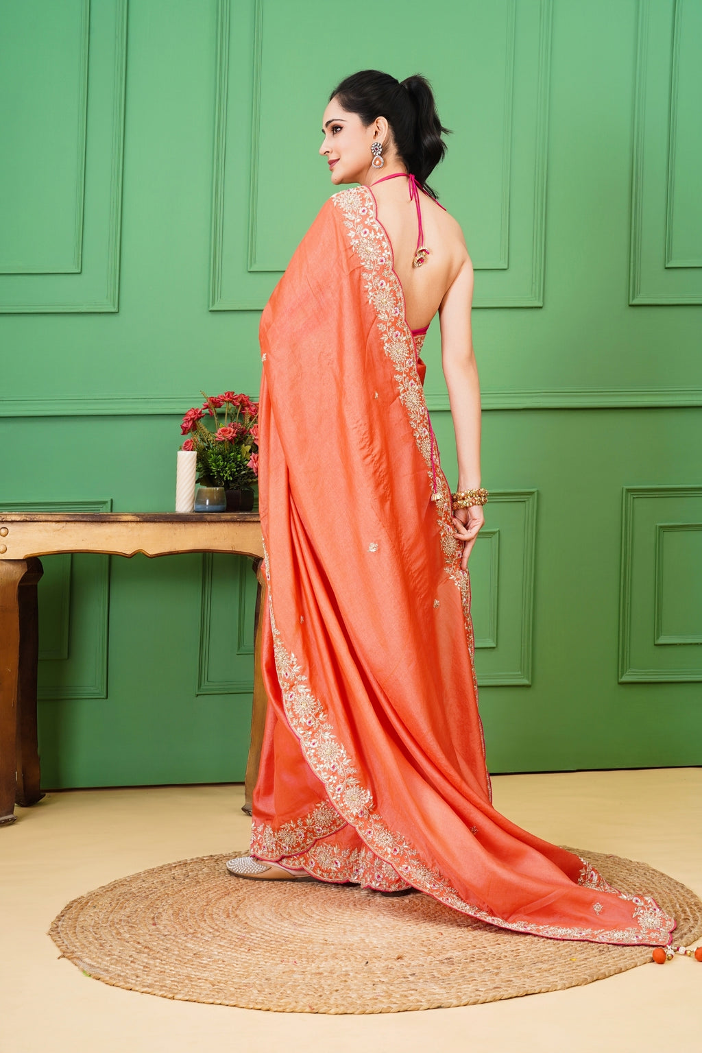 Tangerine Tussar Silk Saree