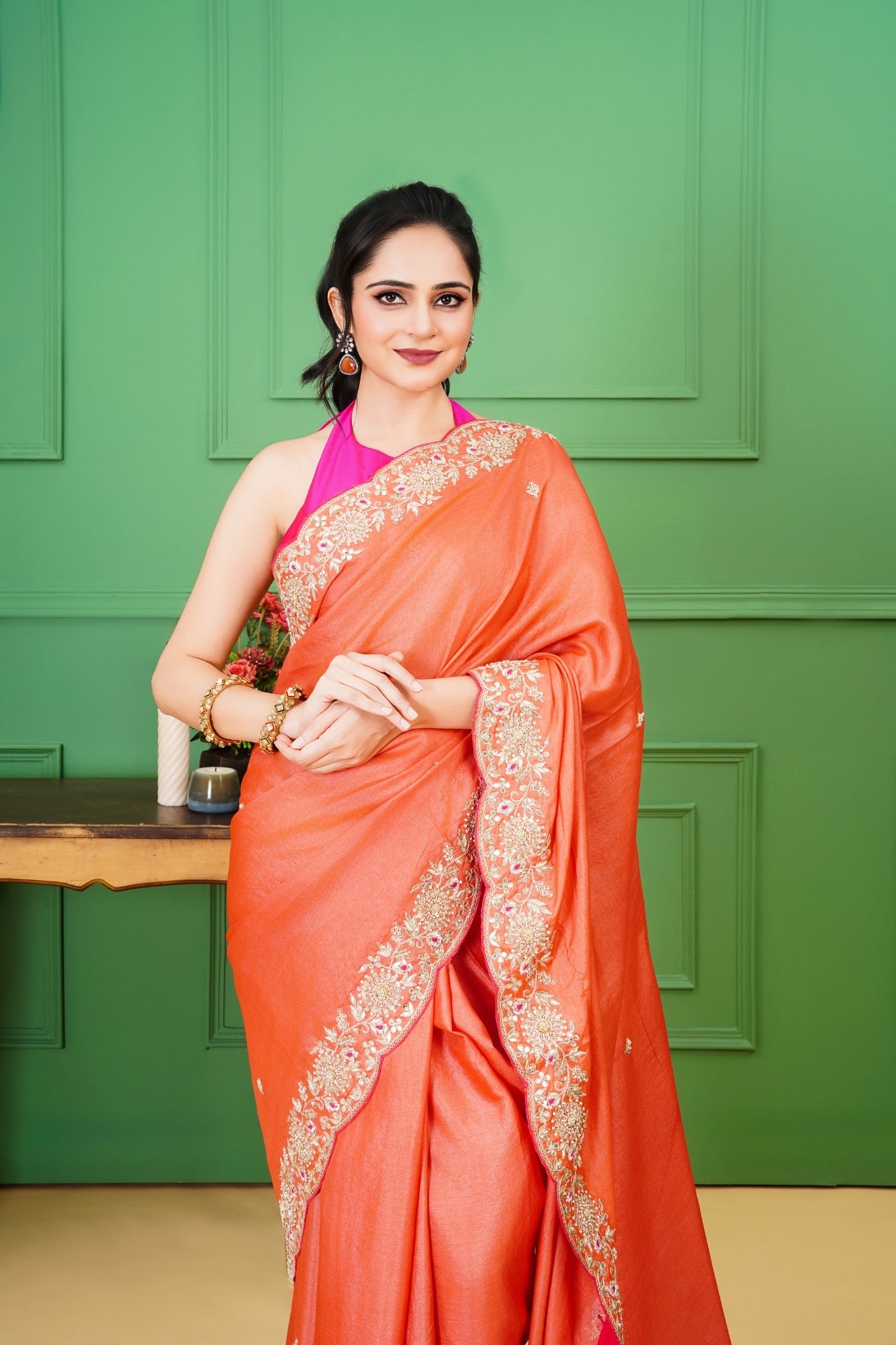 Tangerine Tussar Silk Saree