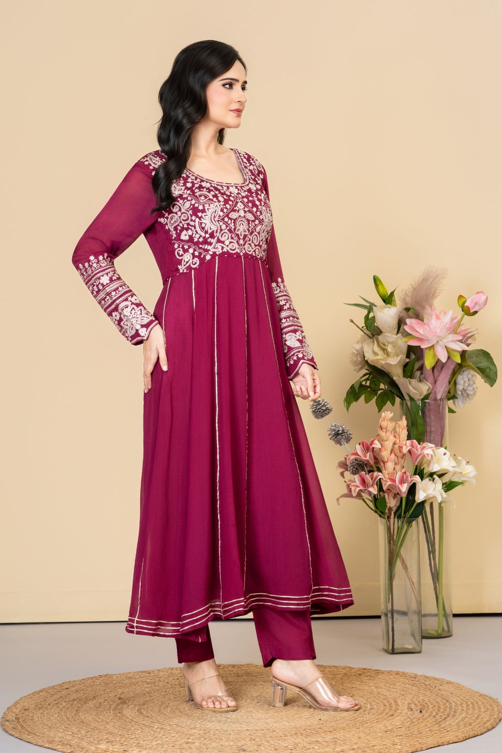 Wine Chinnon Silk Anarkali Suit