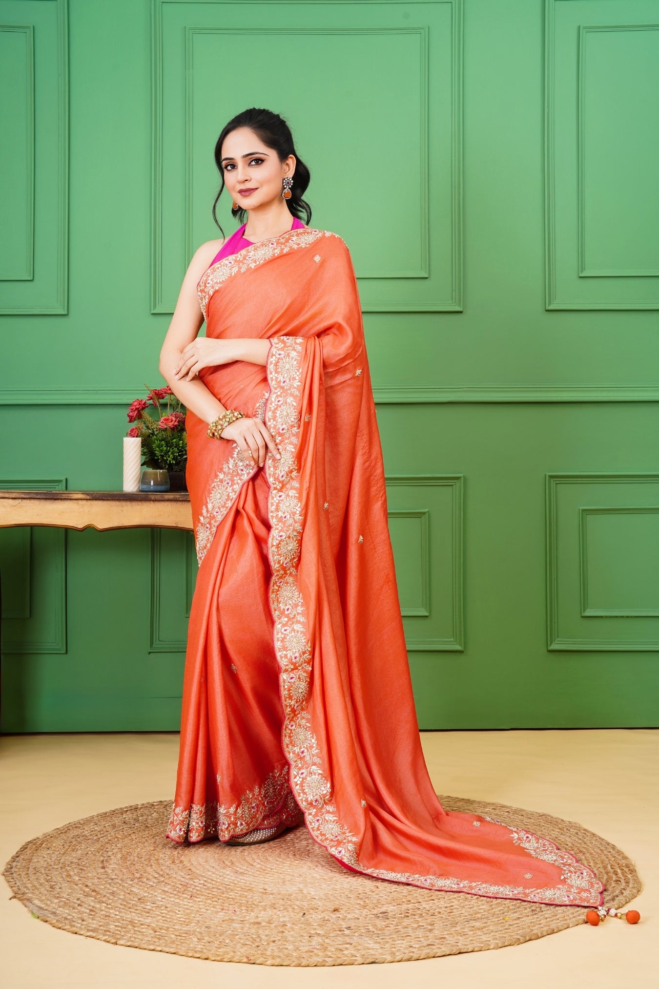 Tangerine Tussar Silk Saree