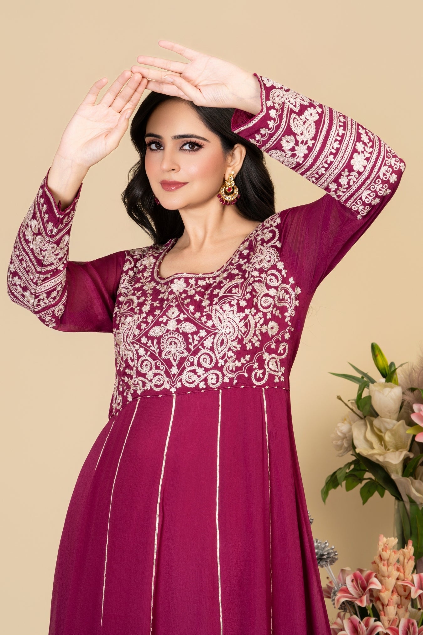 Wine Chinnon Silk Anarkali Suit