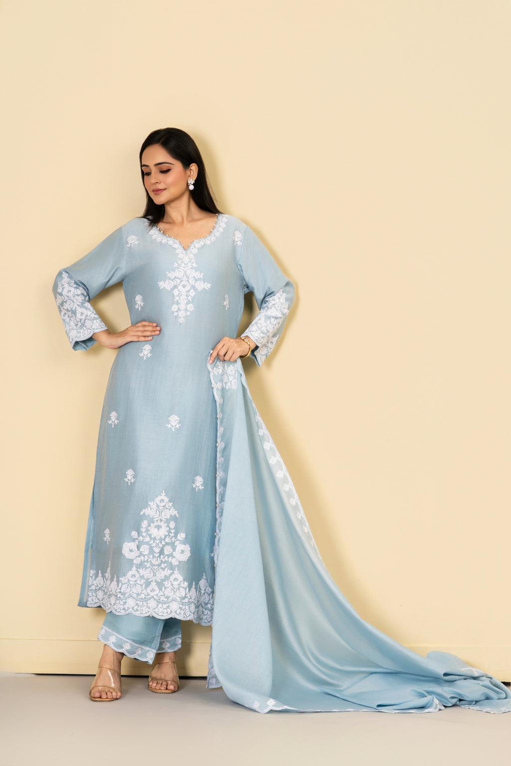 Sea Blue Cotton Silk Suit Set