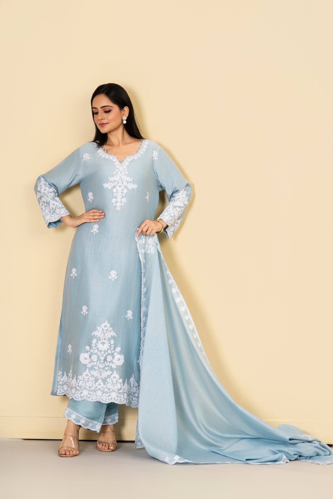 Sea Blue Cotton Silk Suit Set