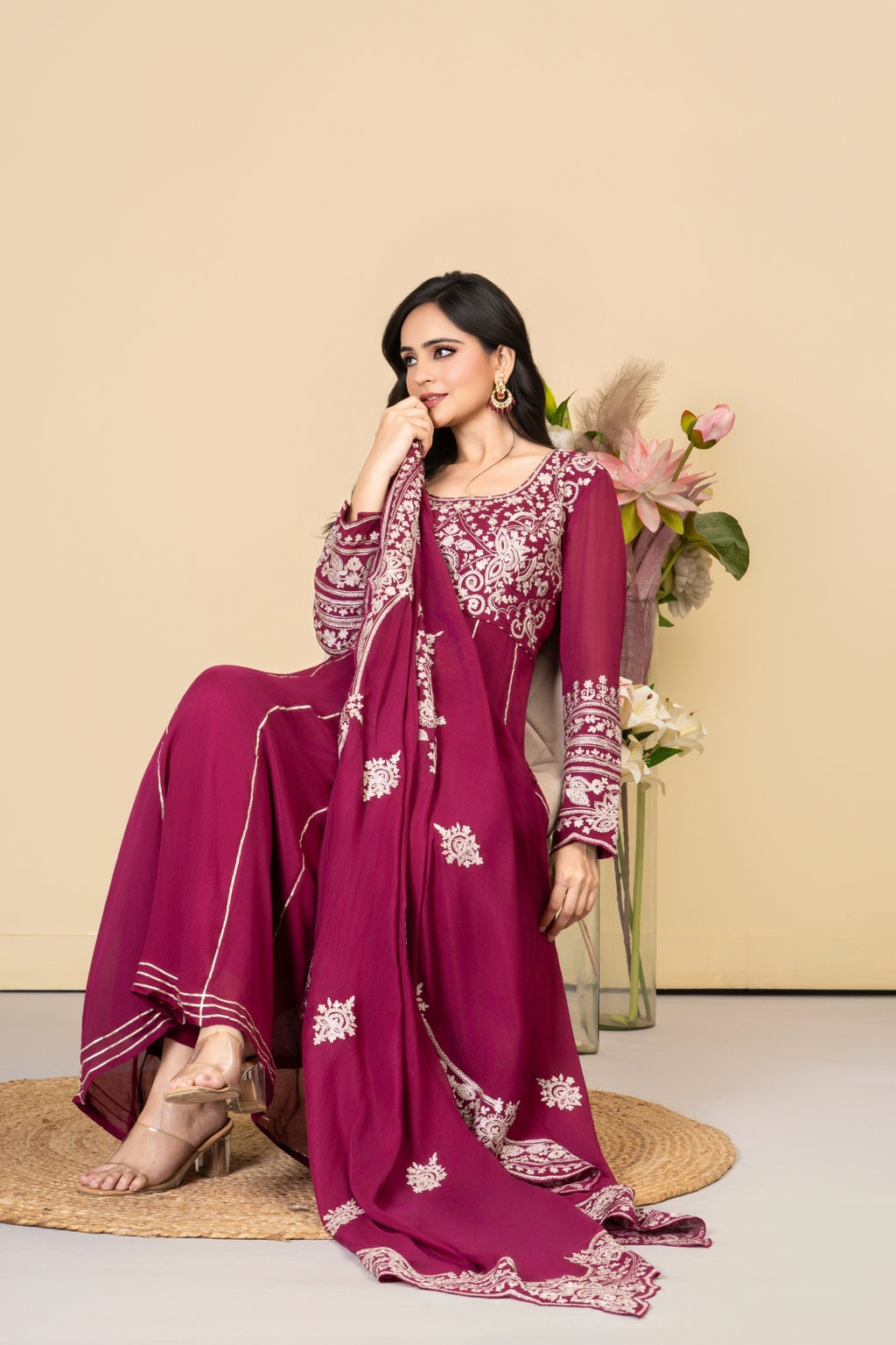 Wine Chinnon Silk Anarkali Suit