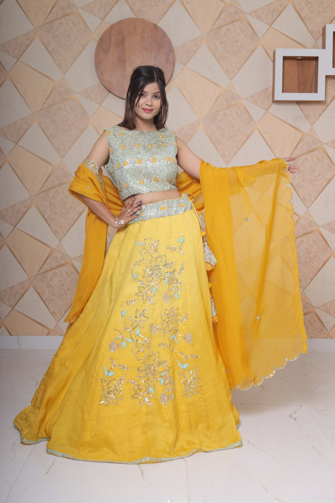 Mustard Organza Silk Lehenga Set