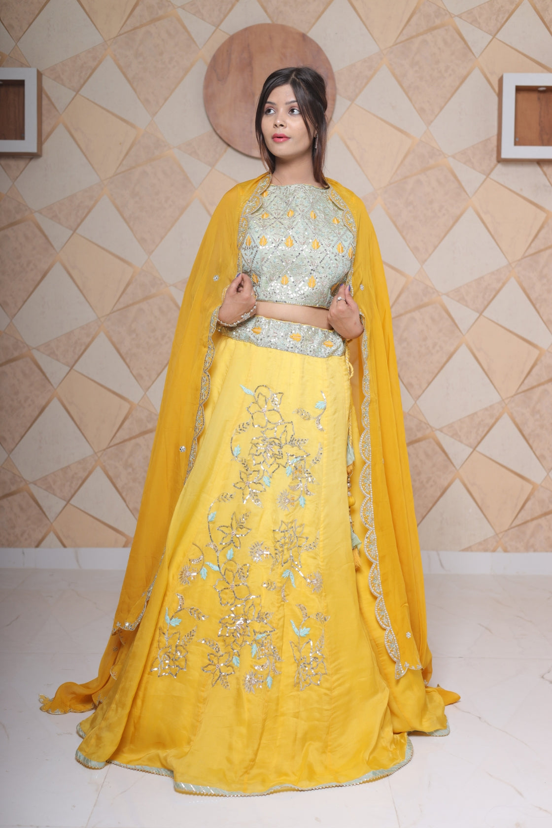 Mustard Organza Silk Lehenga Set