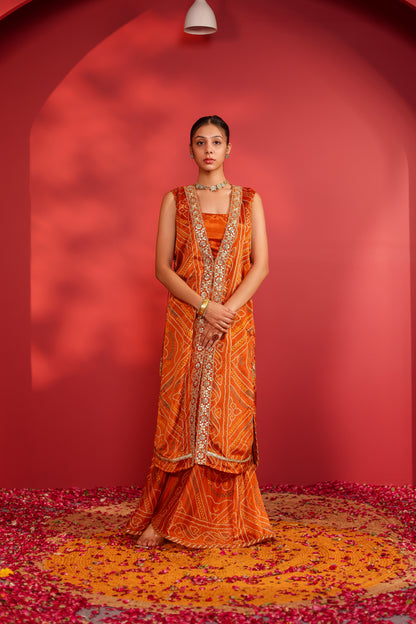 Cinaya Handcrafted bandhani silk tabard jacket set