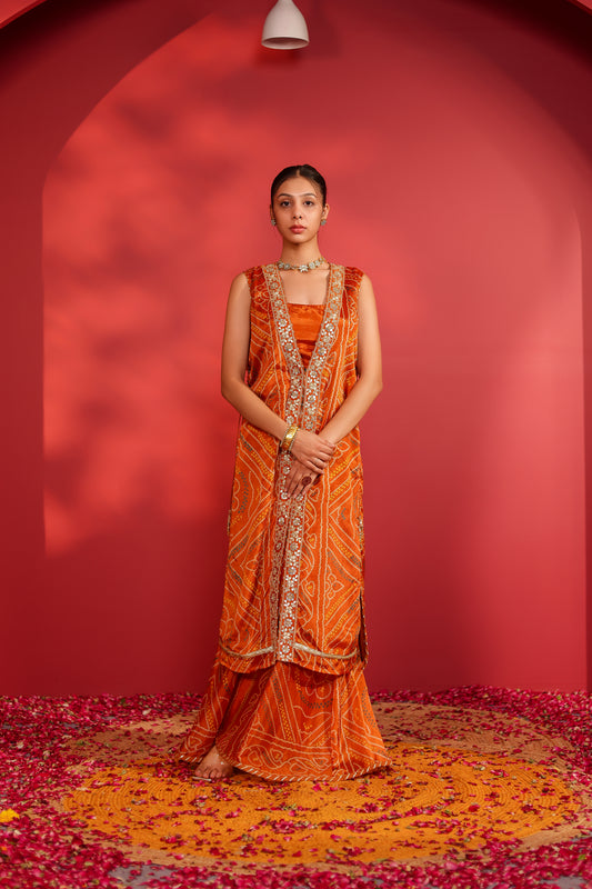 Cinaya Handcrafted bandhani silk tabard jacket set