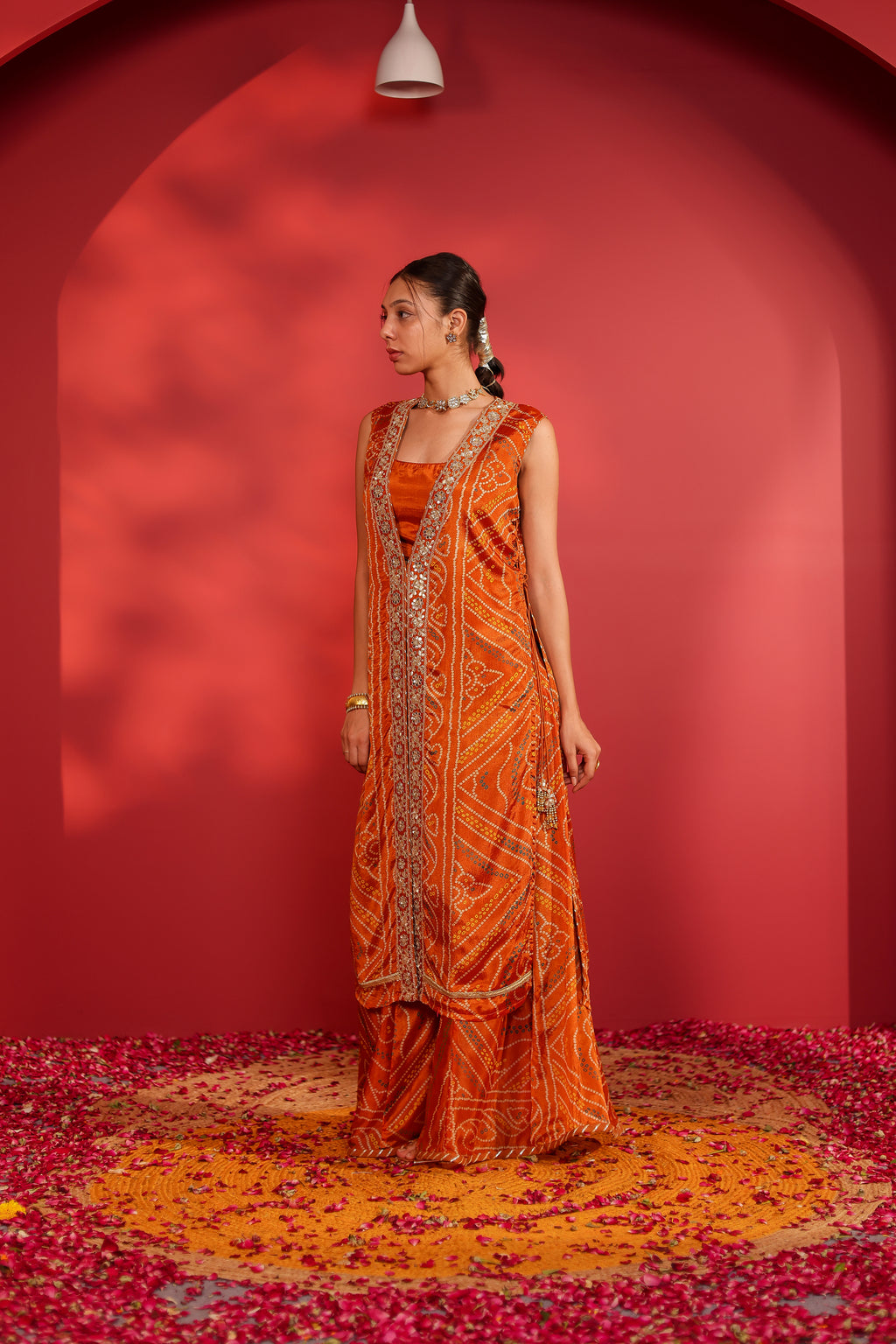 Cinaya Handcrafted bandhani silk tabard jacket set