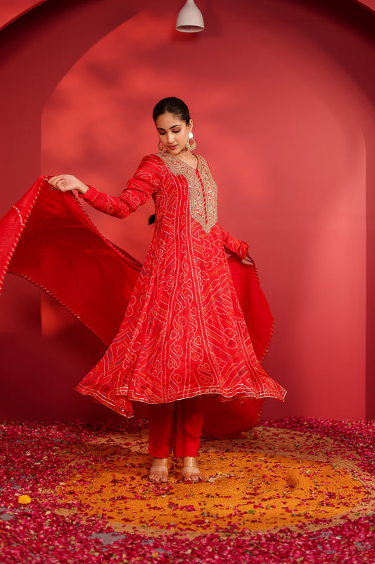 Cinnabar bandhani printed Anarkali set